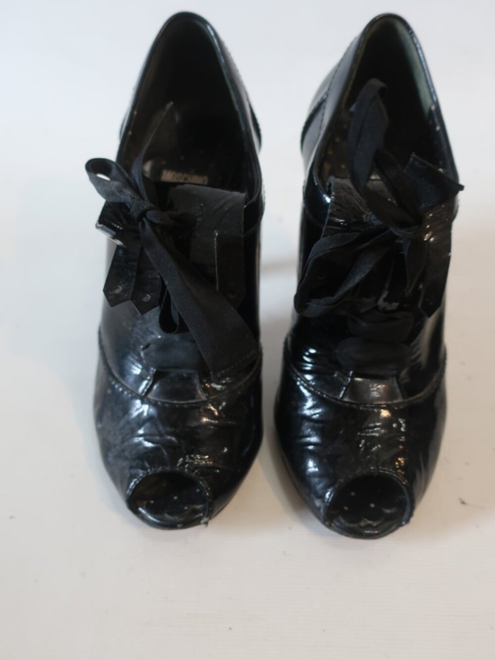 Women Moschino Cheap and Chic Black Patent Leather Peep Toe Laced Pump 37 US/7
